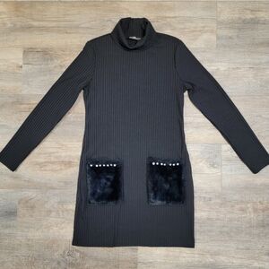 SHEIN Turtleneck Ribbed Knit Sweater Dress Black Pearl Embellished Size Small